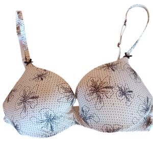 Victoria's Secret Cream Plunge Bra 36B Floral Pattern with Rhinestones Padded